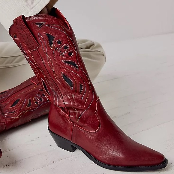 New Free People Rancho Mirage 6.5 Red Multi Embroidered MidCalf Leather Western - Picture 1 of 8